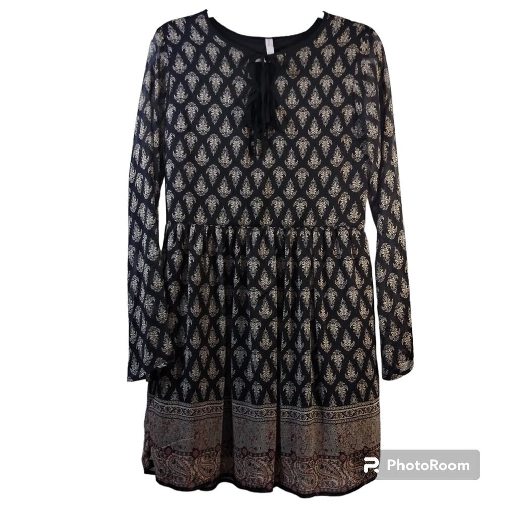 XHILARATION Boho Medallion Border Print Long Sleeve Dress Size L